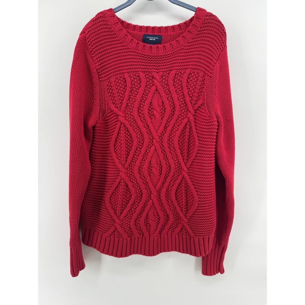 Lands End Womens Drifter Sweater Red Cable Knit‎ Pullover Sz L Transitional